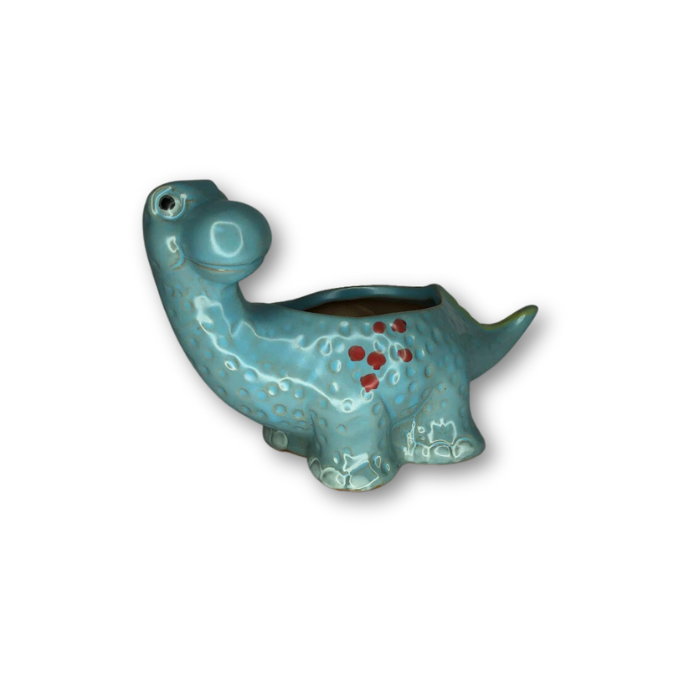 A vibrant blue ceramic flower pot shaped like a Brachiosaurus, perfect for small plants.