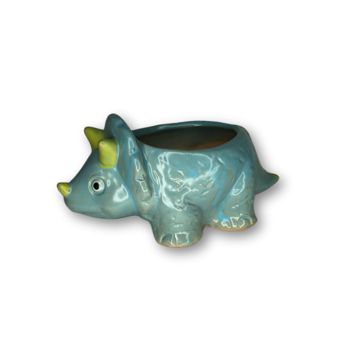 A vibrant blue triceratops flower pot with a drainage hole, perfect for small plants and succulents.