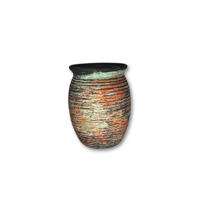 A stylish brown pot featuring a brushed orange and green top coat, perfect for small plants.