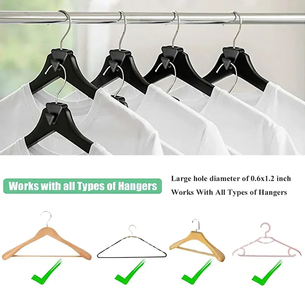 A set of heavy-duty clothes hanger connector hooks in black and white, designed for cascading hangers and maximizing closet space.
