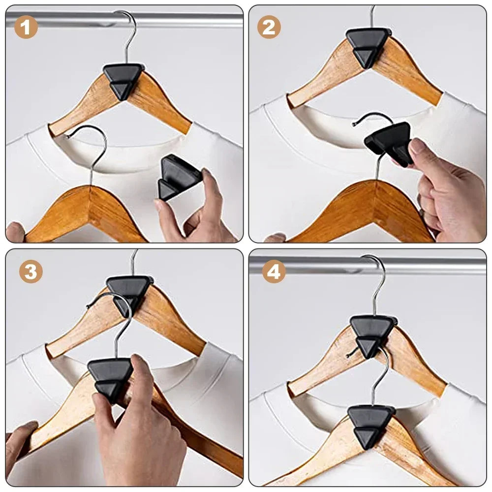 A set of heavy-duty clothes hanger connector hooks in black and white, designed for cascading hangers and maximizing closet space.