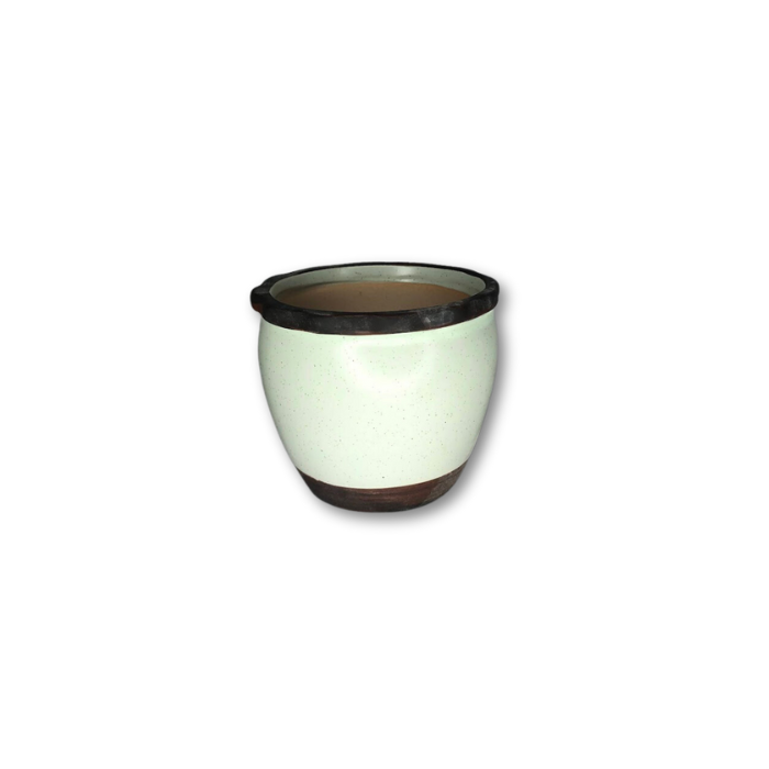 Cream pot with a rippled top and brown strip accents, ideal for small plants.