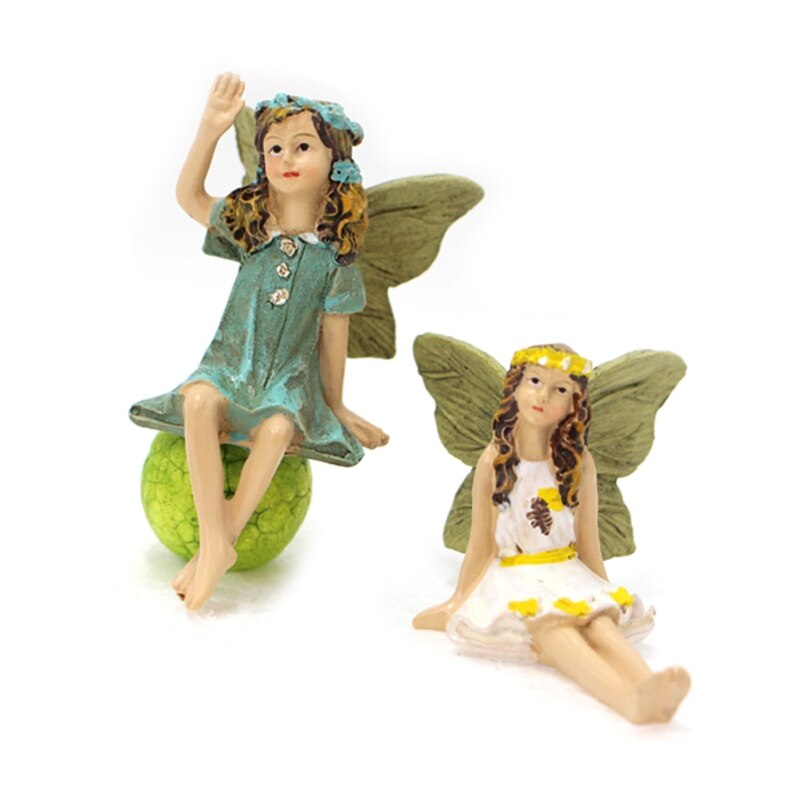 A colorful set of 6 miniature fairy figurines, made of resin, designed for fairy gardens, showcasing vibrant colors and intricate details.
