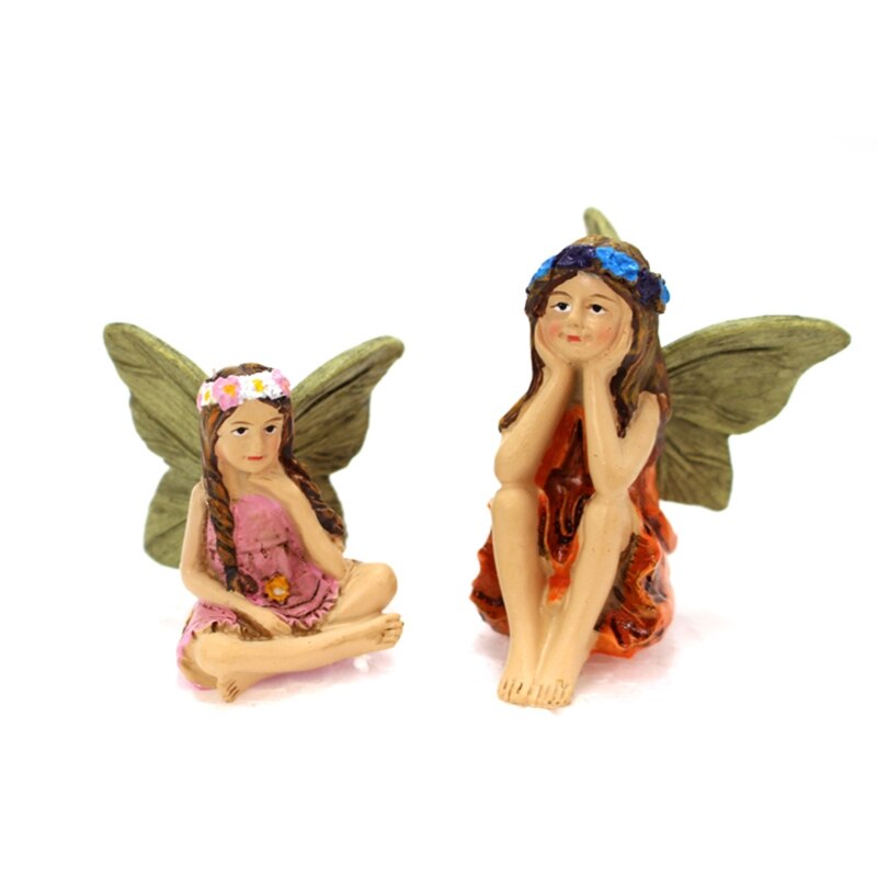 A colorful set of 6 miniature fairy figurines, made of resin, designed for fairy gardens, showcasing vibrant colors and intricate details.
