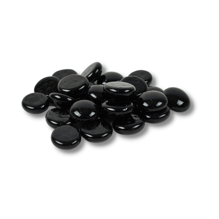 A collection of black flat glass marbles, each approximately 20mm in diameter, showcasing their glossy finish and decorative potential.