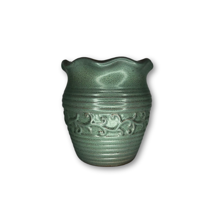 Green antique colored round pot with a vine wrap pattern, perfect for indoor and outdoor plants.