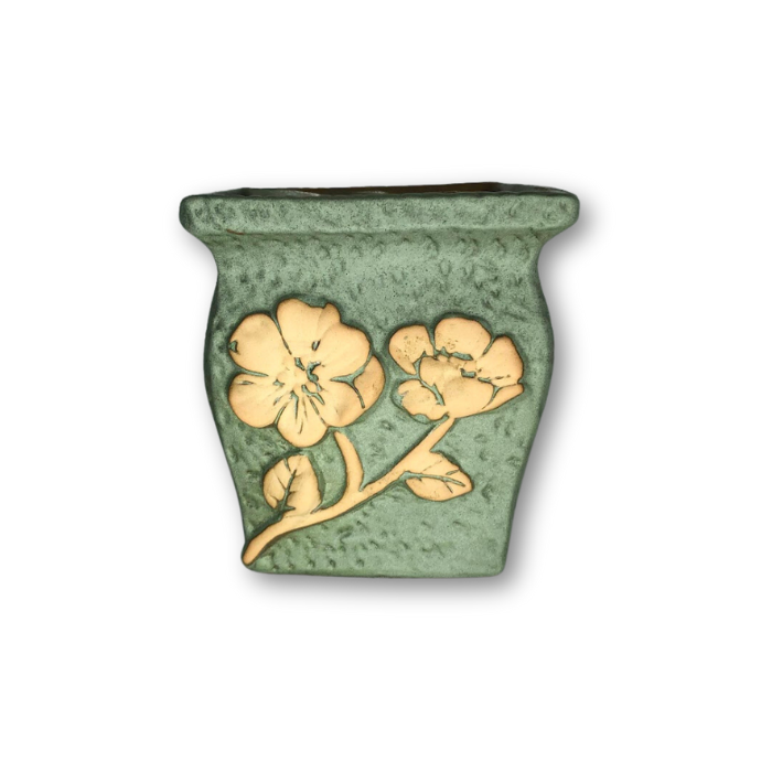 Green antique square pot with brown flower pattern, perfect for indoor and outdoor plants.