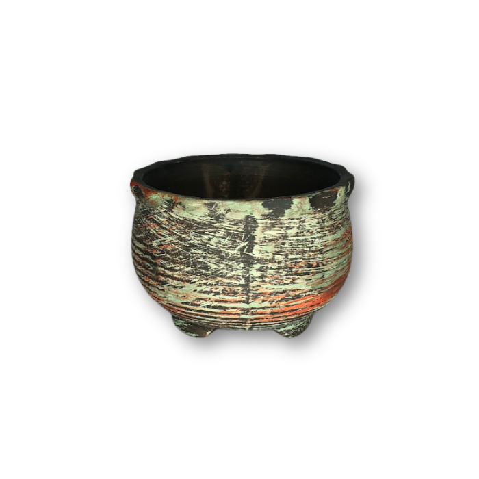 A stylish green brushed flower pot with a black finish, featuring a drain hole at the bottom, perfect for small plants.