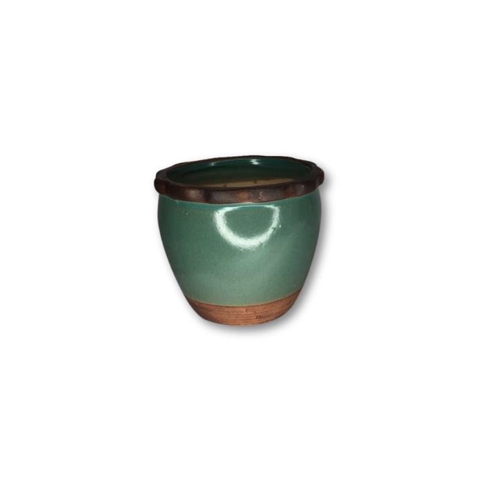A stylish green pot with a rippled top and brown strip accents, perfect for small plants.