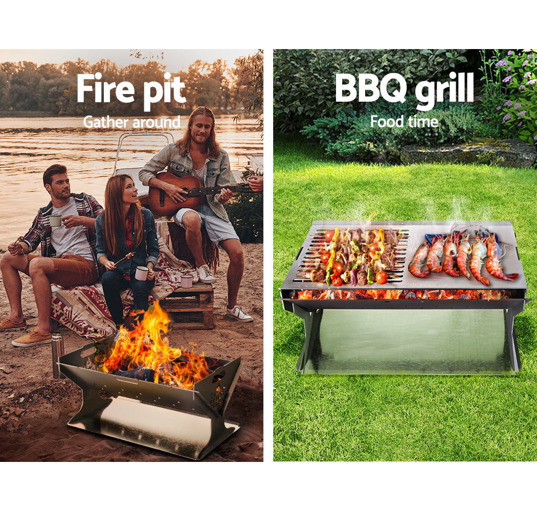 Grillz Fire Pit BBQ with stainless steel grill, portable and foldable design, set up for outdoor cooking.