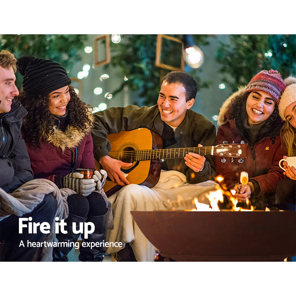 Grillz Fire Pit Outdoor Heater featuring a rustic steel design with a 70cm deep dish bowl, perfect for outdoor gatherings.