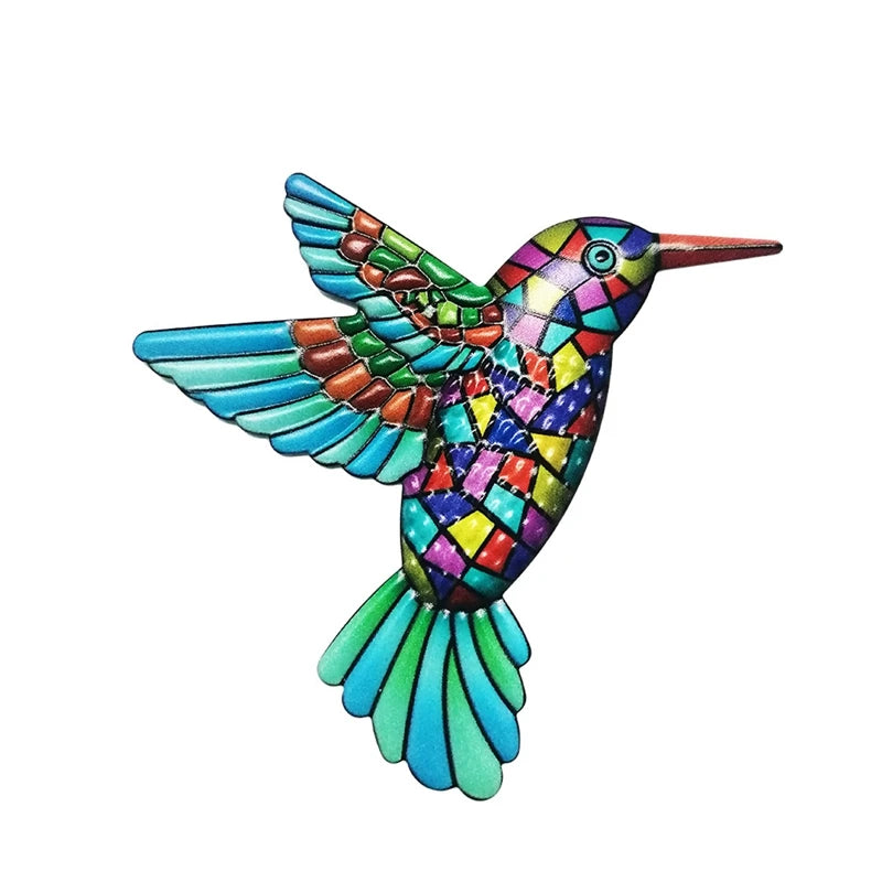 Colorful metal hummingbird wall art ornament, perfect for garden or indoor decor, showcasing vibrant colors and intricate design.