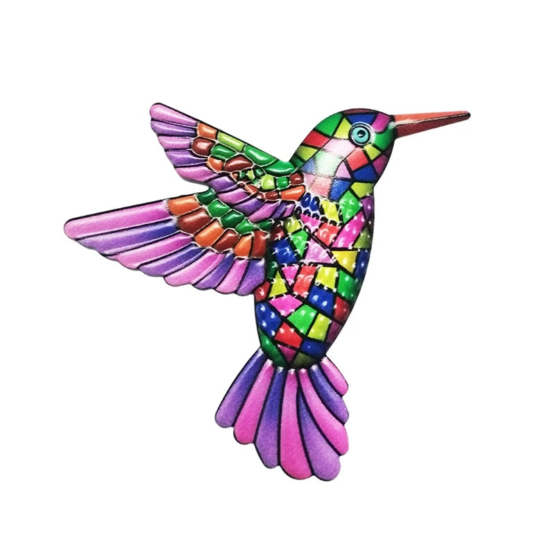 Colorful metal hummingbird wall art ornament, perfect for garden or indoor decor, showcasing vibrant colors and intricate design.