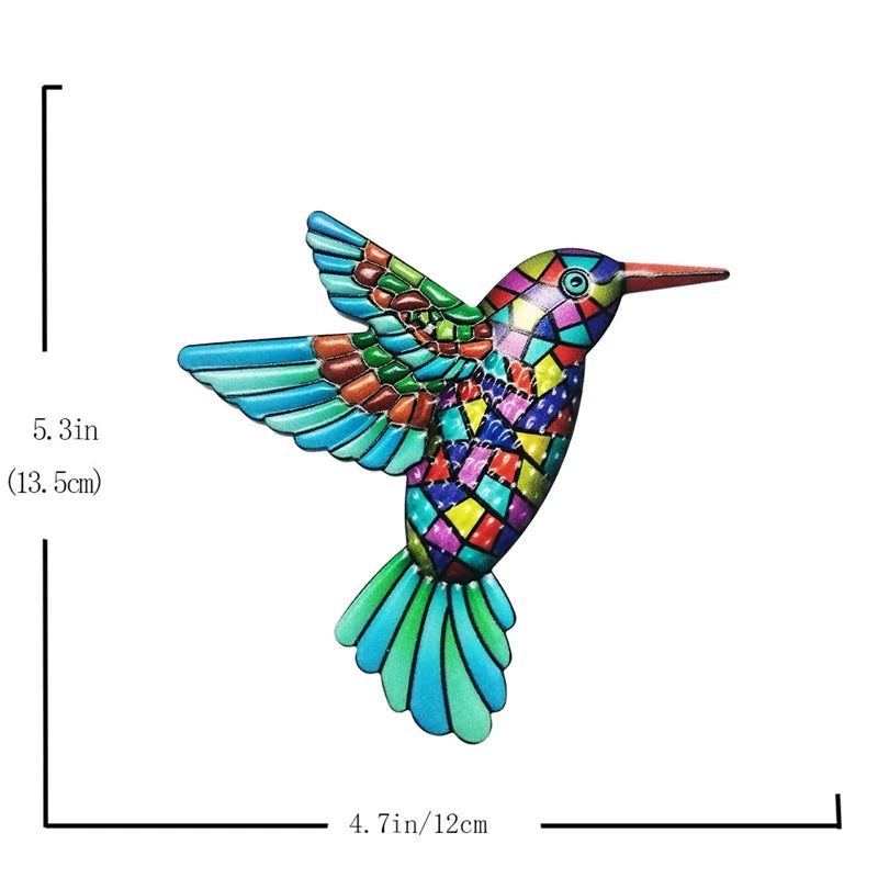 Colorful metal hummingbird wall art ornament, perfect for garden or indoor decor, showcasing vibrant colors and intricate design.