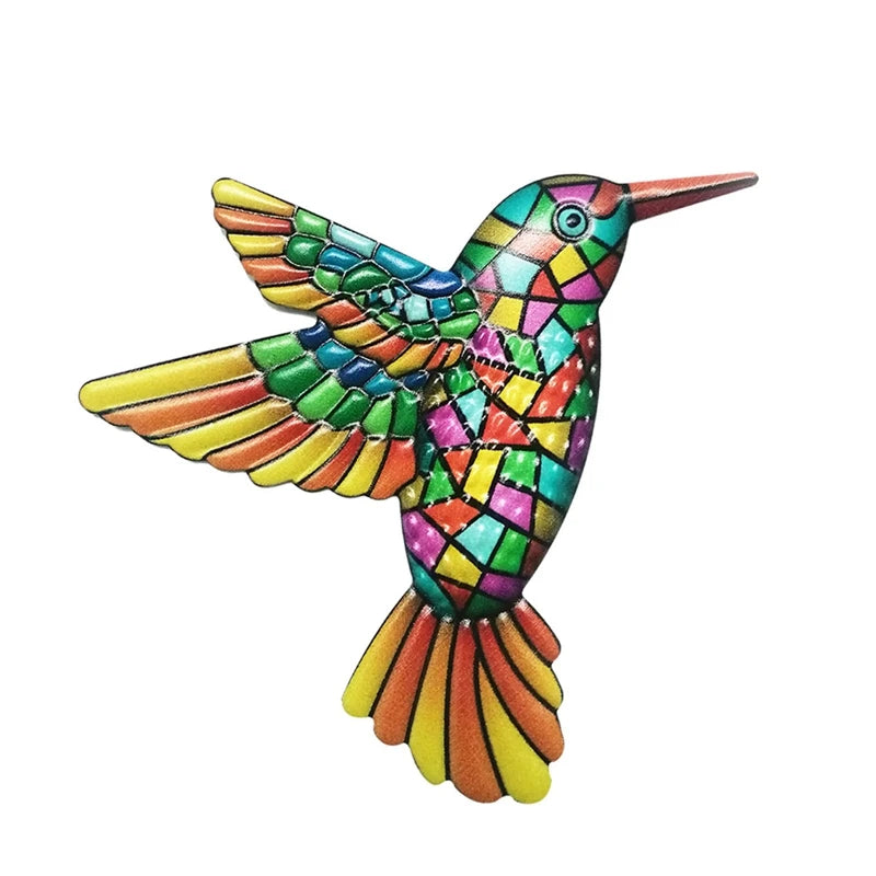 Colorful metal hummingbird wall art ornament, perfect for garden or indoor decor, showcasing vibrant colors and intricate design.