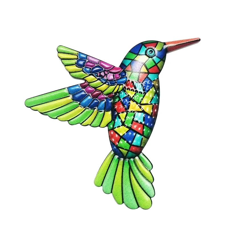 Colorful metal hummingbird wall art ornament, perfect for garden or indoor decor, showcasing vibrant colors and intricate design.