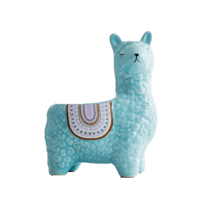 Light blue ceramic succulent planter shaped like an alpaca or llama, featuring a smooth glazed finish and a drainage hole.