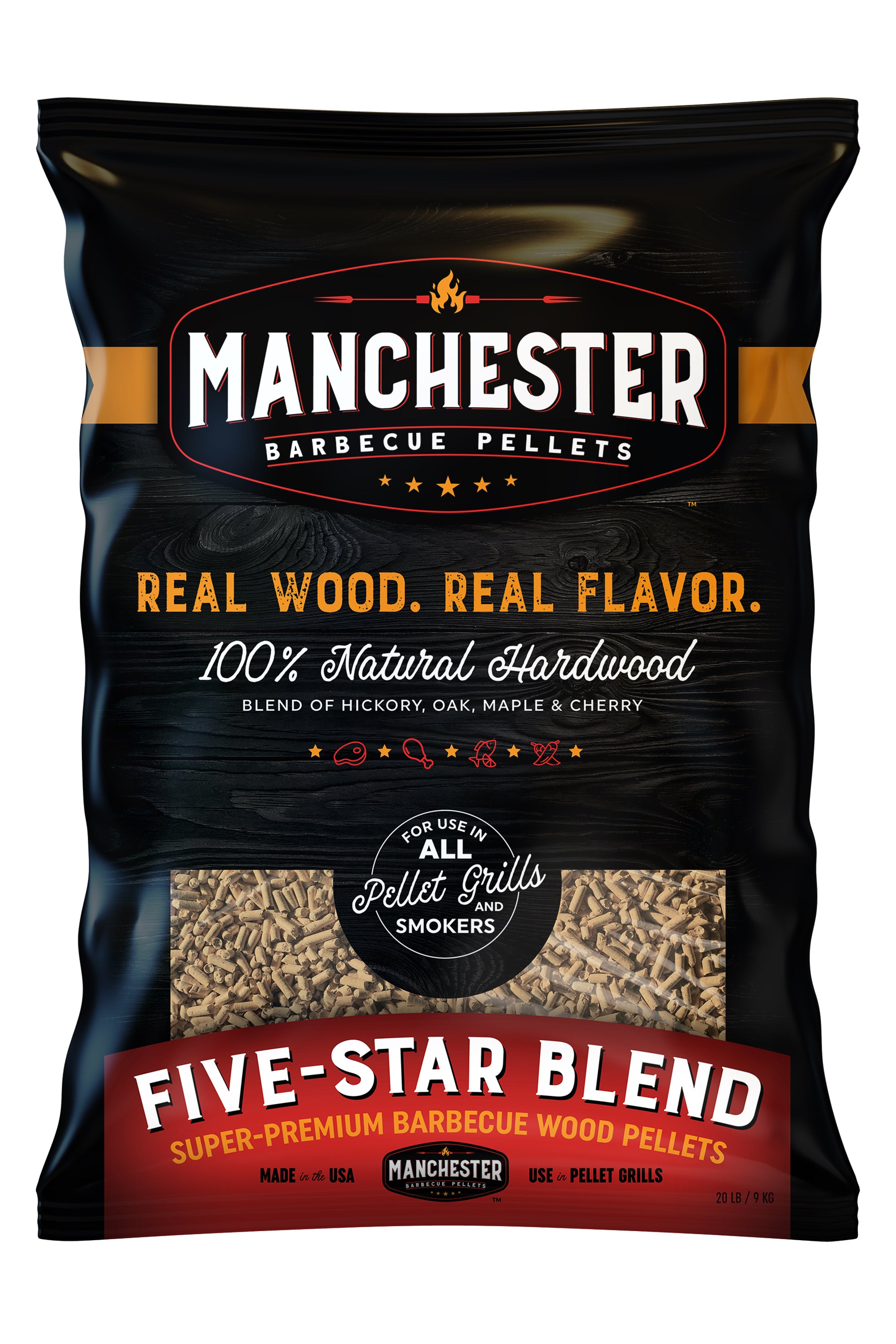 A 20lb bag of Manchester Barbecue Pellets featuring a blend of Hickory, Oak, Maple, and Cherry wood, ideal for grilling and smoking.