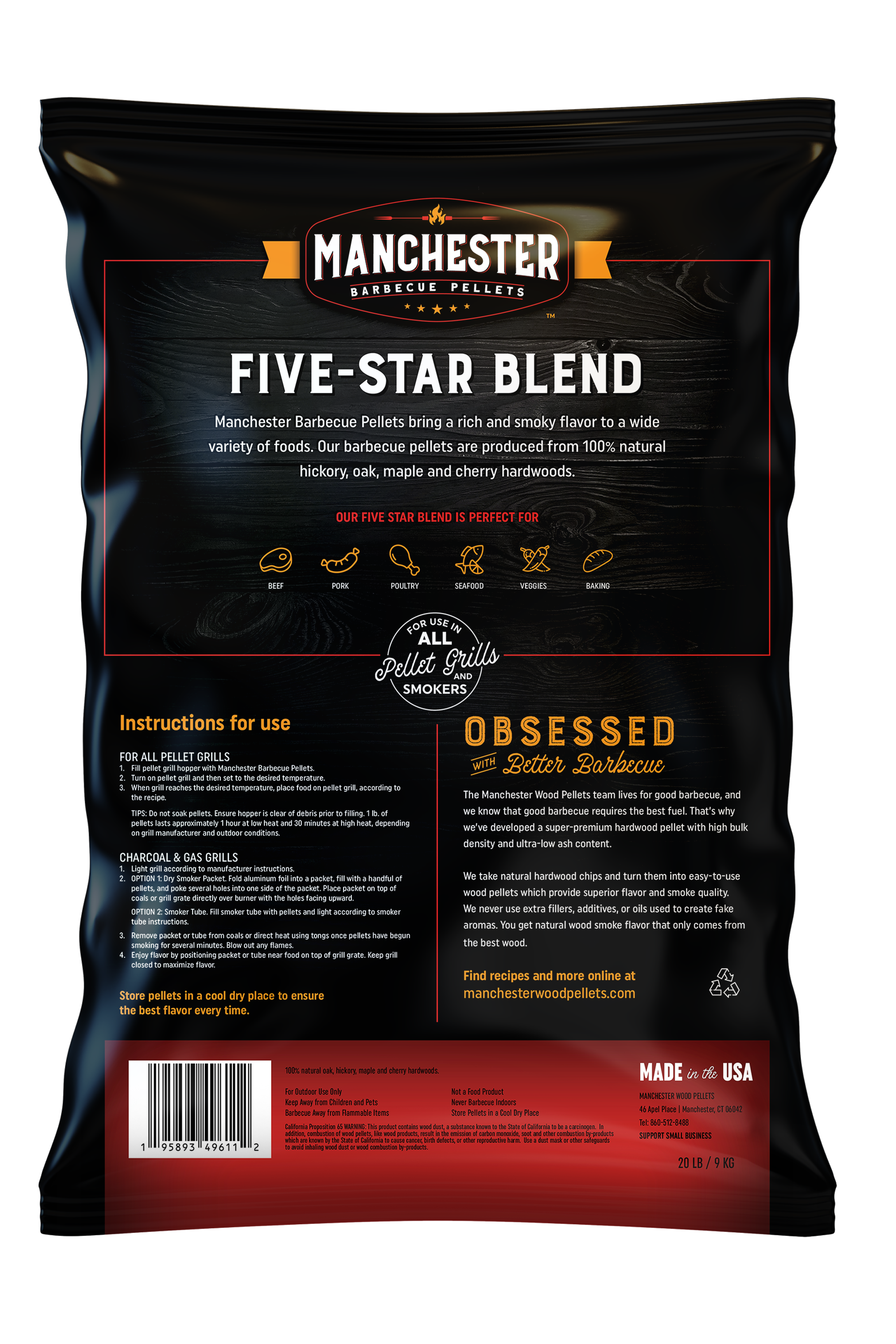 A 20lb bag of Manchester Barbecue Pellets featuring a blend of Hickory, Oak, Maple, and Cherry wood, ideal for grilling and smoking.