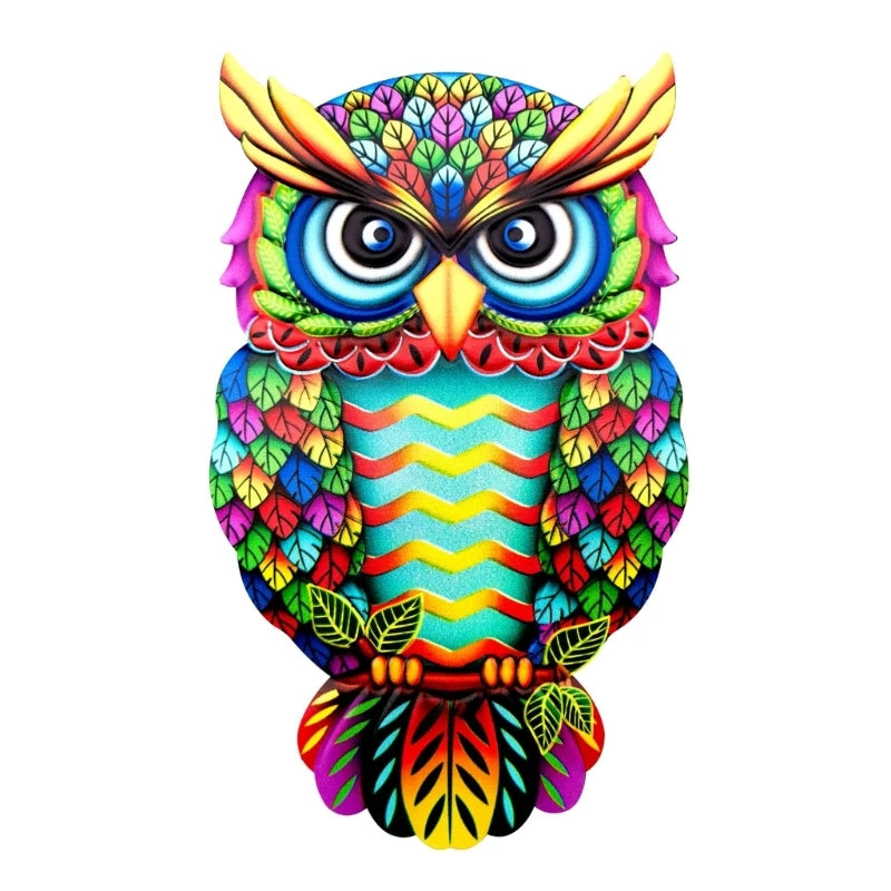 A vibrant metal owl sculpture featuring colorful designs, perfect for wall decoration in homes or gardens.