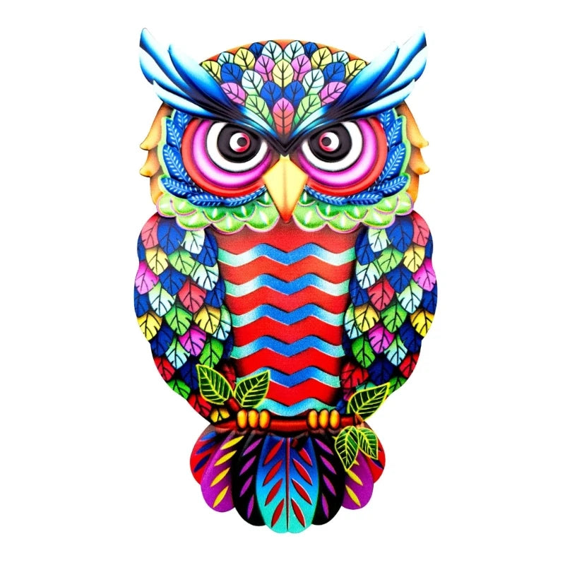 A vibrant metal owl sculpture featuring colorful designs, perfect for wall decoration in homes or gardens.