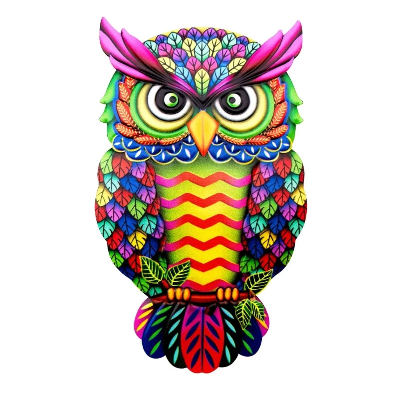 A vibrant metal owl sculpture featuring colorful designs, perfect for wall decoration in homes or gardens.