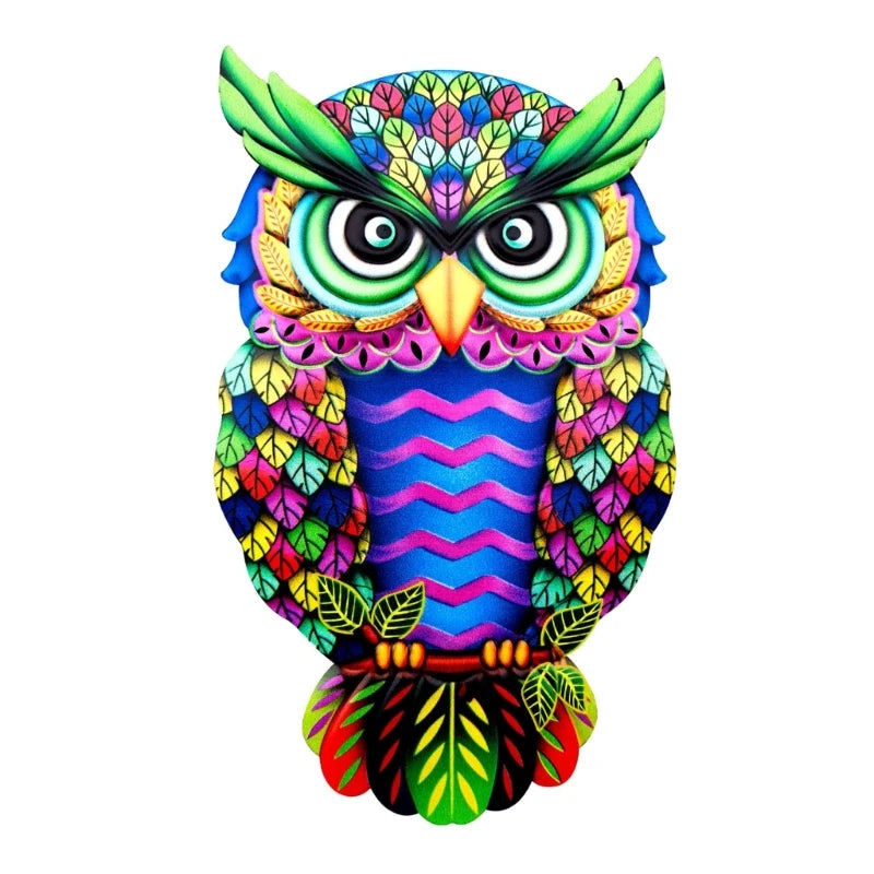 A vibrant metal owl sculpture featuring colorful designs, perfect for wall decoration in homes or gardens.