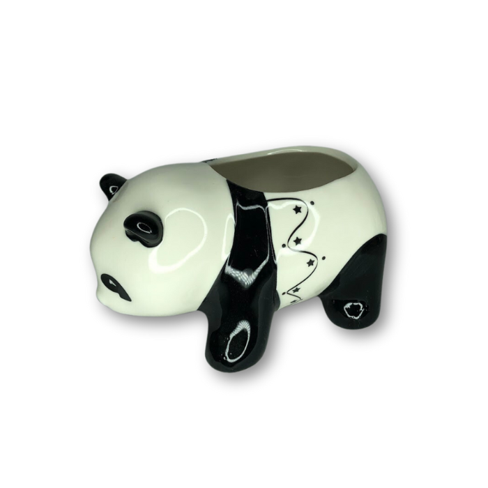 A charming panda figurine standing with a wavy star pattern, perfect for indoor plants.