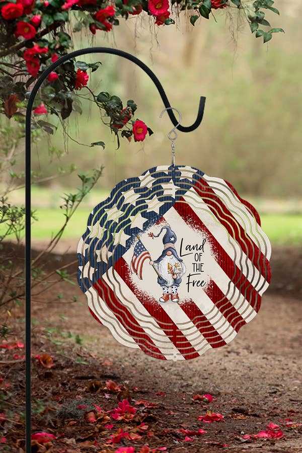 Patriotic USA America Gnome Home Decor Wind Spinner, featuring vibrant colors and a gnome design, perfect for outdoor decoration.