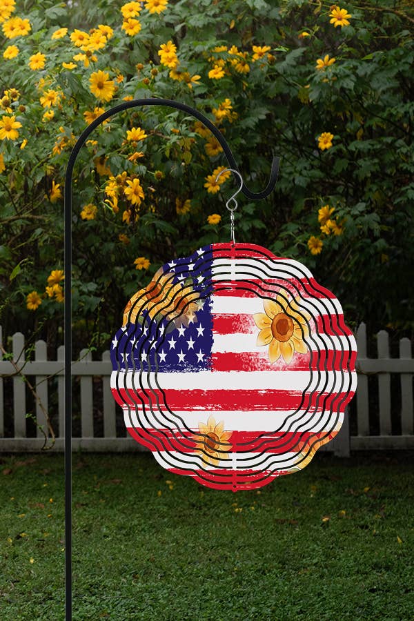 A vibrant 10-inch double-sided wind spinner featuring the American flag and yellow sunflowers, perfect for outdoor decor.
