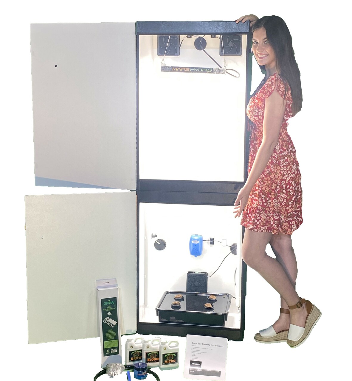 Woman with hydroponic grow box.