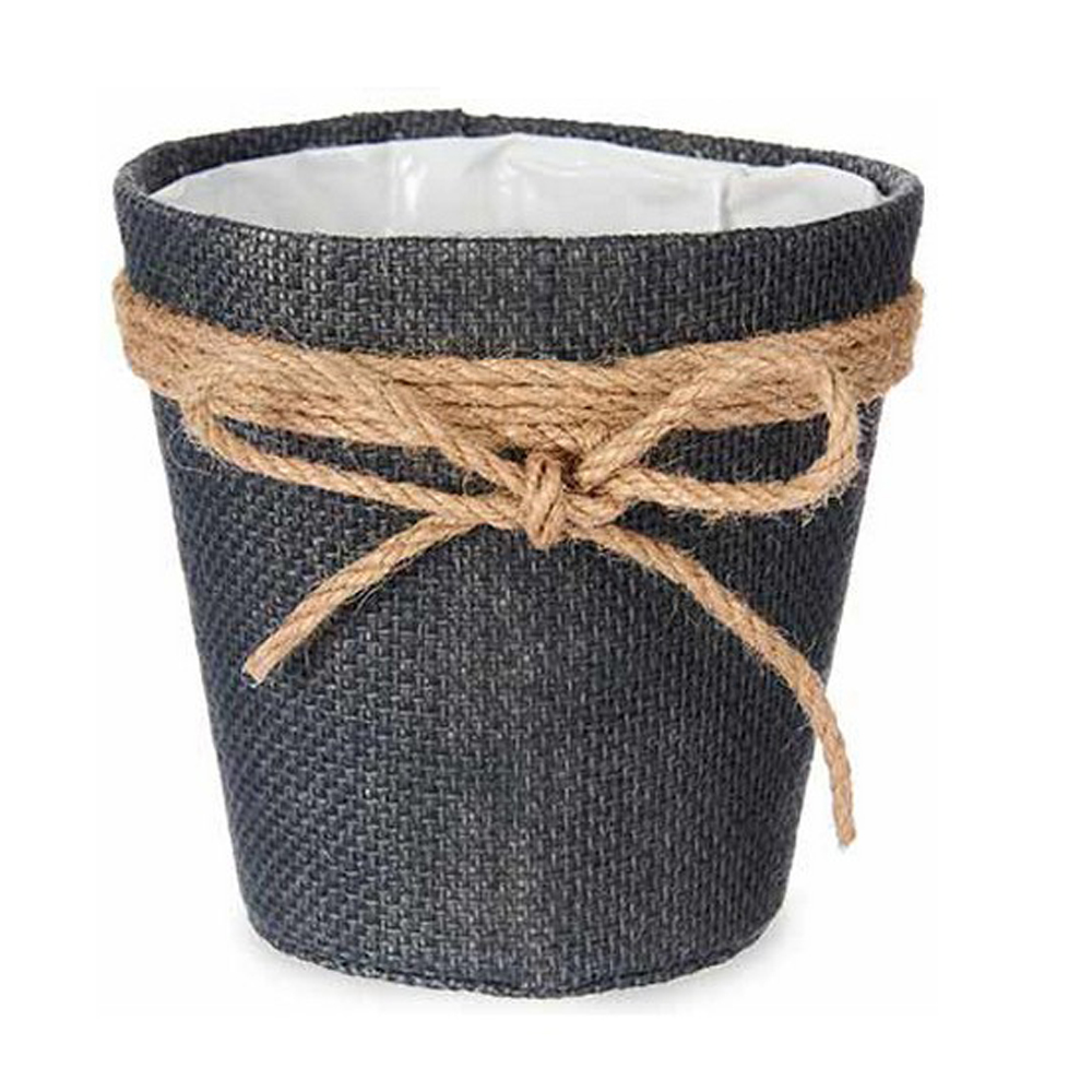 Woven black pot with twine.