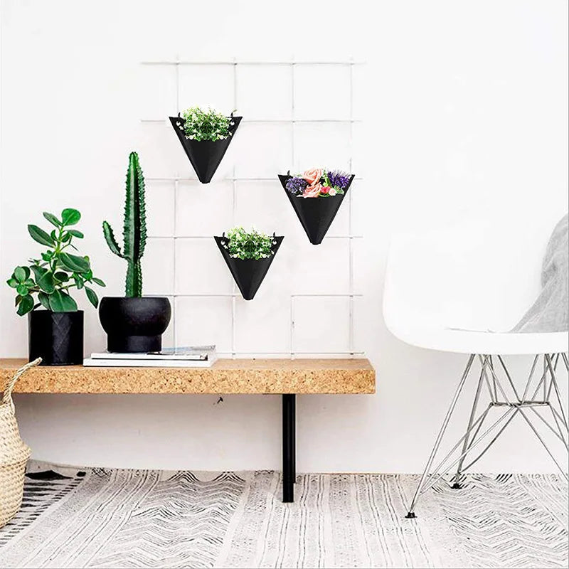 Plants Hanging Bag with Hook, featuring a triangular design for wall-mounted plant display, made of durable non-woven cloth.