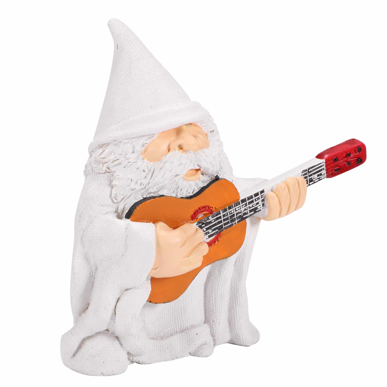 A whimsical garden gnome statue depicting a dwarf playing a guitar, wearing a white hat, crafted from high-quality resin, perfect for outdoor decor.