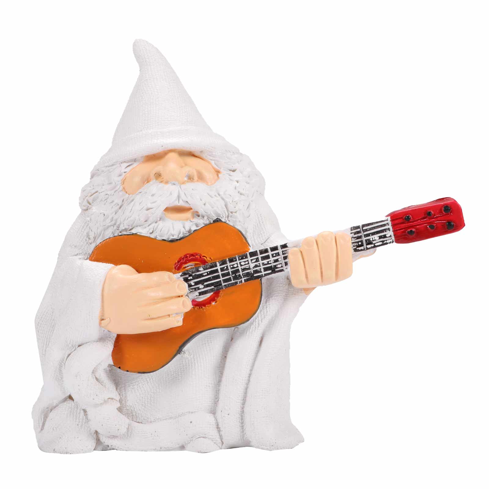 A whimsical garden gnome statue depicting a dwarf playing a guitar, wearing a white hat, crafted from high-quality resin, perfect for outdoor decor.