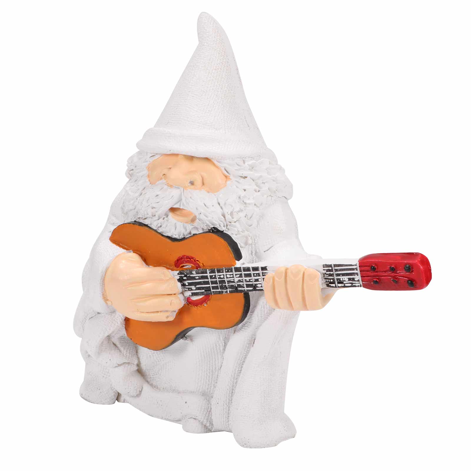 A whimsical garden gnome statue depicting a dwarf playing a guitar, wearing a white hat, crafted from high-quality resin, perfect for outdoor decor.