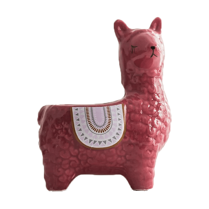 Red ceramic succulent planter shaped like an alpaca or llama head, featuring a smooth glazed finish and drainage hole.