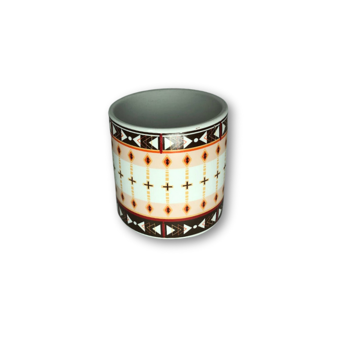 A vibrant red and brown cup pot featuring an intricate Aztec pattern, perfect for small plants and decorative use.