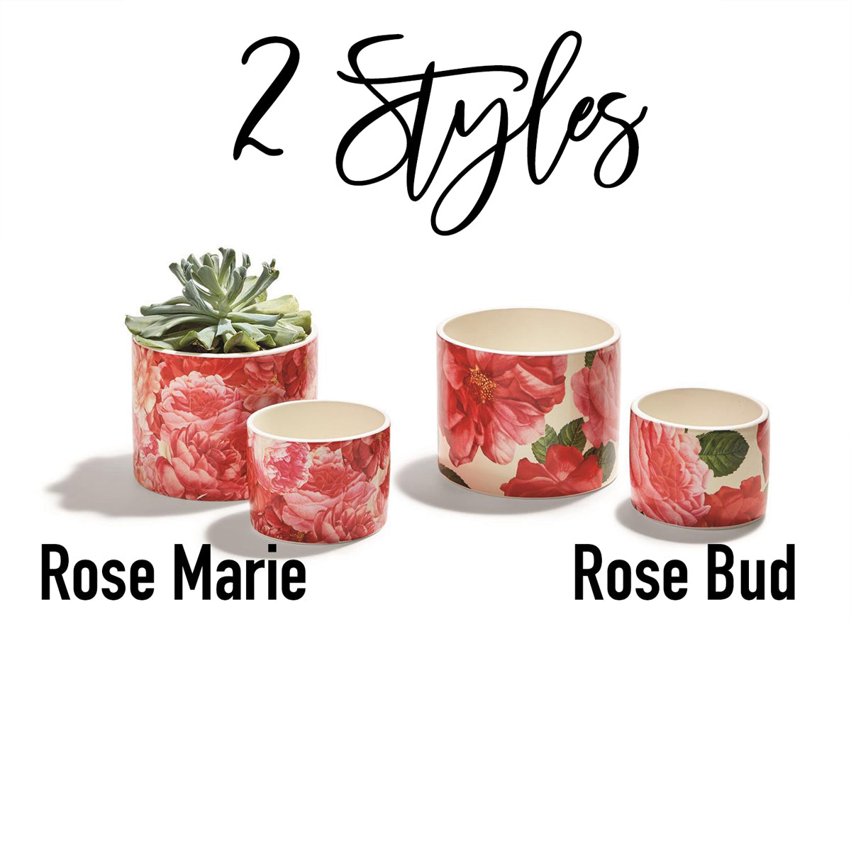 Two stunning Rose Marie floral cachepots in pink and red ceramic, showcasing intricate rose patterns.