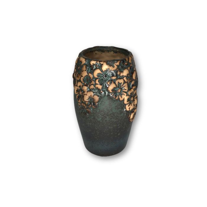 Round black flower pot with a real fade design and raised floral pattern, perfect for indoor and outdoor plants.