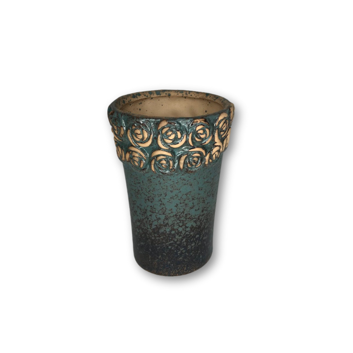 Round black flower pot with a real fade floral rim, featuring a drainage hole at the bottom, ideal for indoor and outdoor plants.