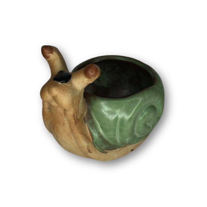 Rustic Antique Green Snail Flower Pot with a charming snail design, perfect for small plants and flowers.