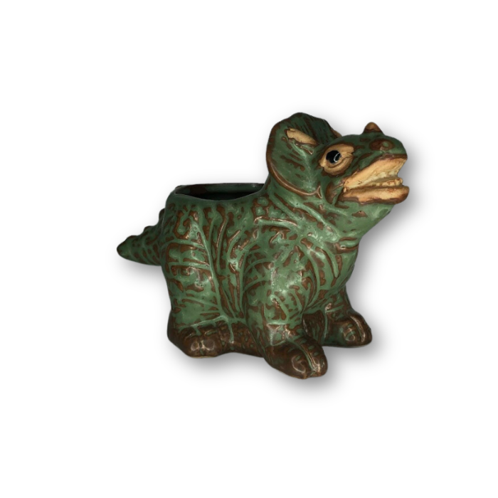 Rustic Antique Green Triceratops Dinosaur Flower Pot with a charming design, perfect for small plants.
