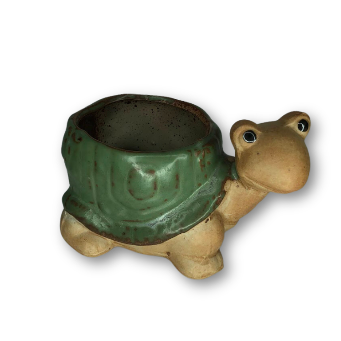 Rustic Antique Green Turtle Flower Pot with a charming turtle design, perfect for small plants.