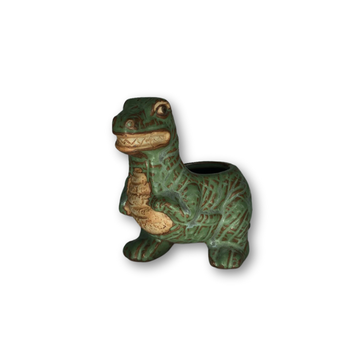 Rustic Antique Green Tyrannosaurus Rex Dinosaur Flower Pot with a charming design and drainage hole.