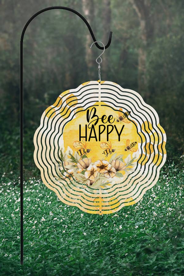 Colorful 10-inch aluminum wind spinner featuring three bees, designed for garden decor.