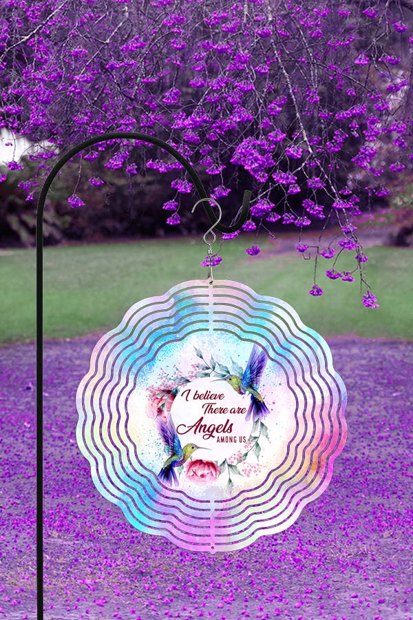 10-inch double-sided Believe Angels Among Us wind spinner in vibrant colors, designed for outdoor spring decor.