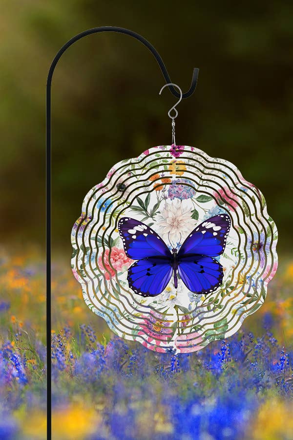 A vibrant blue butterfly garden wind spinner, 10 inches in diameter, showcasing a double-sided design, perfect for spring home decor.