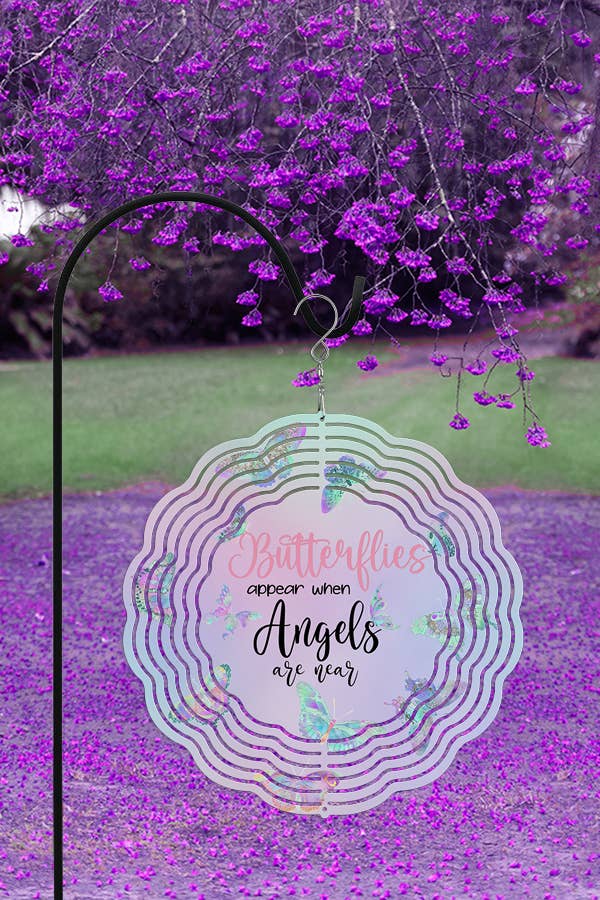 A colorful 10-inch aluminum wind spinner featuring butterfly designs, perfect for spring home decor.
