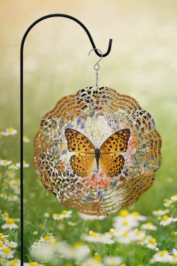 Golden Butterfly Light Leopard Wind Spinner, 10-inch aluminum design with vibrant colors, perfect for spring home decor.